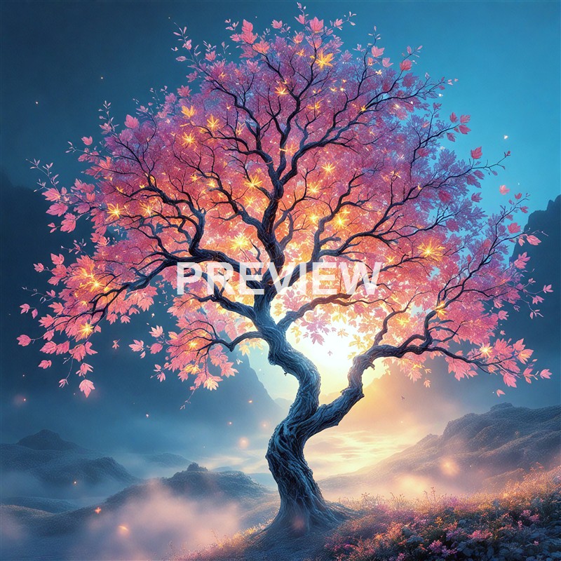 A vibrant, glowing tree with pink leaves and sparkling lights stands on a misty landscape at sunset, with mountains and a bright sky in the background.